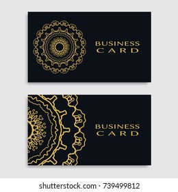 Business card templates set with isolated golden mandala element. Gold and black  geometric ornament. Vector design for logo, icon, label, emblem for boutique, flower shop, interior, company symbol