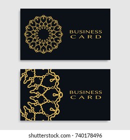Business card templates set with isolated golden mandala element. Gold and black geometric ornament. Vector design for logo, icon, label, emblem for boutique, flower shop, interior, company symbol