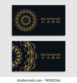 Business card templates set with isolated golden mandala element. Gold and black geometric ornament. Vector design for logo, icon, label, emblem for boutique, flower shop, interior, company symbol