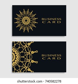 Business card templates set with isolated golden mandala element. Gold and black geometric ornament. Vector design for logo, icon, label, emblem for boutique, flower shop, interior, company symbol