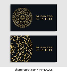 Business card templates set with isolated golden mandala element. Gold and black geometric ornament. Vector design for logo, icon, label, emblem for boutique, flower shop, interior, company symbol