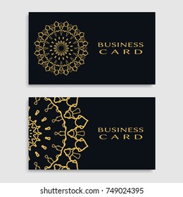 Business card templates set with isolated golden mandala element. Gold and black geometric ornament. Vector design for logo, icon, label, emblem for boutique, flower shop, interior, company symbol