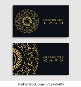 Business card templates set with isolated golden mandala element. Gold and black geometric ornament. Vector design for logo, icon, label, emblem for boutique, flower shop, interior, company symbol