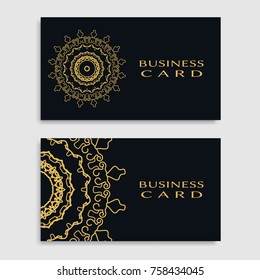 Business card templates set with isolated golden mandala element. Gold and black geometric ornament. Vector design for logo, icon, label, emblem for boutique, flower shop, interior, company symbol