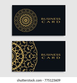 Business card templates set with isolated golden mandala element. Gold and black geometric ornament. Vector design for logo, icon, label, emblem for boutique, flower shop, interior, company symbol