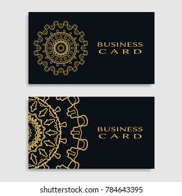 Business card templates set with isolated golden mandala element. Gold and black geometric ornament. Vector design for logo, icon, label, emblem for boutique, flower shop, interior, company symbol