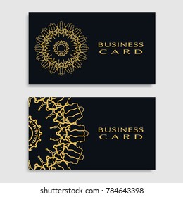 Business card templates set with isolated golden mandala element. Gold and black geometric ornament. Vector design for logo, icon, label, emblem for boutique, flower shop, interior, company symbol