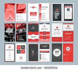 Business card templates. Stationery design vector set. Red and black colors. Vertical business cards. Flat style vector illustration