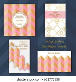 Business card templates. White, Pink and Golden colors. Classic style vector illustration Geometric pattern with zigzags.