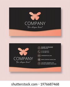 Business card with two sides view, logo design. Pink and black color. Butterfly logotype. Modern and simple style. Horizontal layout.