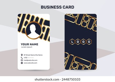 The business card uses a golden color accent to give a sense of luxury and premium quality. With a dark and white background, it has a simple and modern design that suits the corporate identity style