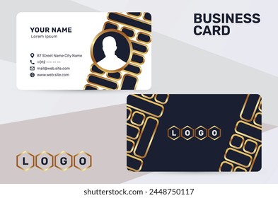 The business card uses a golden color accent to give a sense of luxury and premium quality. With a dark and white background, it has a simple and modern design that suits the corporate identity style