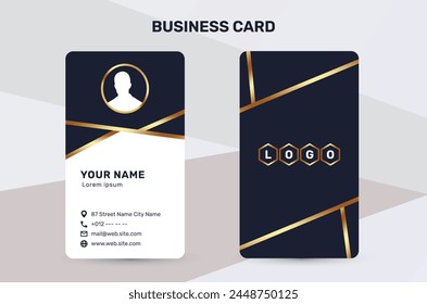 The business card uses a golden color accent to give a sense of luxury and premium quality. With a dark and white background, it has a simple and modern design that suits the corporate identity style
