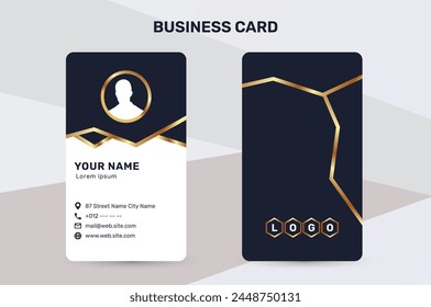 The business card uses a golden color accent to give a sense of luxury and premium quality. With a dark and white background, it has a simple and modern design that suits the corporate identity style