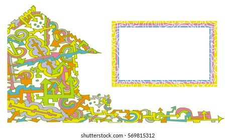 business card with vector  lines hand painted arrows and waves house, bright colors