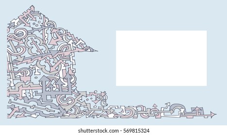 business card with vector lines painted arrows and waves house color blue beige, pink, white          