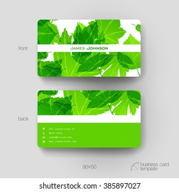 Business card vector template with autumn leaf ornament background. Creative modern design