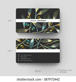Business card vector template with autumn leaf ornament background. Creative modern design