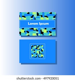 Business card vector template with colorful pattern. Informal artistic business card with two side design. Blue and turquoise abstract seamless pattern. Bright business card background with text place