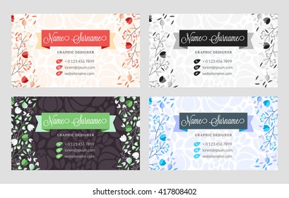 Business Card Vector Template. Flat Style Vector Illustration. Stationery Design. 4 Color Combinations. Print Template