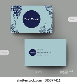 Business card vector template with grapes ornament background. Creative modern design
