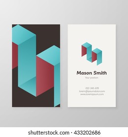 Business card vector template with isometric letter M. Vintage letter M icon.