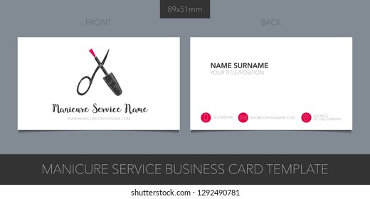 Business card vector template layout design for manicure salon. Nail service icon with website, contacts, name 