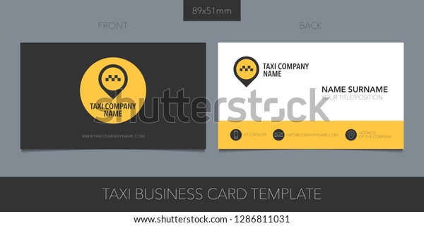 Business card vector template layout design for taxi,\
cab service. Car hire black and yellow icon with website, contacts,\
name 