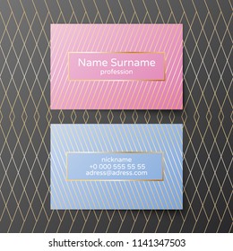 Business card vector template. Pink and blue coloros with golden elements. Feminine and tender minimalistic style