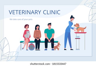 business card for veterinary clinic. Illustration with a veterinarian who takes care of the dog, and pet owners. Vector in flat style, banner.