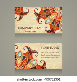 Business card. Vintage colorful ornament with swirls. Arabic, Islam, Indian,Turkish motifs. Free place for your text. Vector illustration