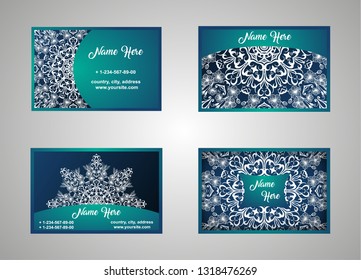 Business card, vintage card set with element of the mandala design of the logo. Abstract layout with Oriental patterns. The front and rear sides. Easy to use and edit text