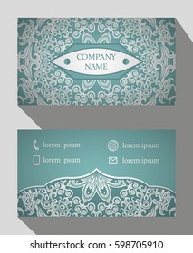 Business card, vintage card set with element of the mandala design of the logo. Abstract layout with Oriental patterns. The front and rear sides. Easy to use and edit text