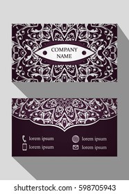 Business card, vintage card set with element of the mandala design of the logo. Abstract layout with Oriental patterns. The front and rear sides. Easy to use and edit text
