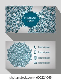 Business card, vintage card set with element of the mandala design of the logo. Abstract layout with Oriental patterns. The front and rear sides. Easy to use and edit text