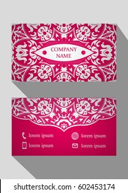 Business card, vintage card set with element of the mandala design of the logo in dark pink. Abstract layout with Oriental patterns. The front and rear sides. Easy to use and edit text.