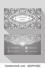Business card, vintage card set with element of the mandala design of the logo. Abstract layout with Oriental patterns. The front and rear sides. Easy to use and edit text