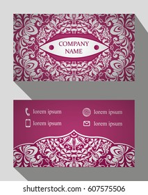 Business card, vintage card set with element of the mandala design of the logo. Abstract layout with Oriental patterns. The front and rear sides. Easy to use and edit text