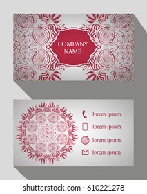Business card, vintage card set with element of the mandala design of the logo. Abstract layout with Oriental patterns. The front and rear sides. Easy to use and edit text