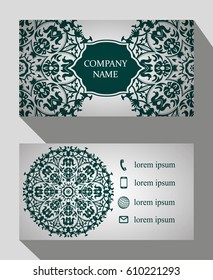 Business card, vintage card set with element of the mandala design of the logo. Abstract layout with Oriental patterns. The front and rear sides. Easy to use and edit text