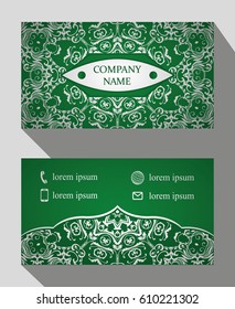 Business card, vintage card set with element of the mandala design of the logo. Abstract layout with Oriental patterns. The front and rear sides. Easy to use and edit text