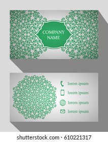 Business card, vintage card set with element of the mandala design of the logo. Abstract layout with Oriental patterns. The front and rear sides. Easy to use and edit text