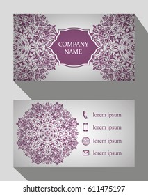 Business card, vintage card set with element of the mandala design of the logo. Abstract layout with Oriental patterns. The front and rear sides. Easy to use and edit text