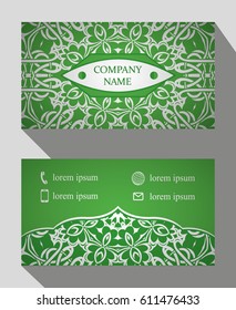 Business card, vintage card set with element of the mandala design of the logo. Abstract layout with Oriental patterns. The front and rear sides. Easy to use and edit text