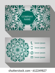 Business card, vintage card set with element of the mandala design of the logo. Abstract layout with Oriental patterns. The front and rear sides. Easy to use and edit text