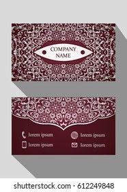Business card, vintage card set with element of the mandala design of the logo. Abstract layout with Oriental patterns. The front and rear sides. Easy to use and edit text