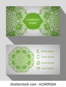 Business card, vintage card set with element of the mandala design of the logo. Abstract layout with Oriental patterns. The front and rear sides. Easy to use and edit text