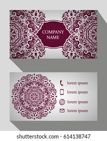 Business card, vintage card set with element of the mandala design of the logo. Abstract layout with Oriental patterns. The front and rear sides. Easy to use and edit text