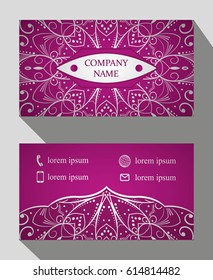 Business card, vintage card set with element of the mandala design of the logo. Abstract layout with Oriental patterns. The front and rear sides. Easy to use and edit text