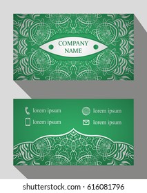 Business card, vintage card set with element of the mandala design of the logo. Abstract layout with Oriental patterns. The front and rear sides. Easy to use and edit text